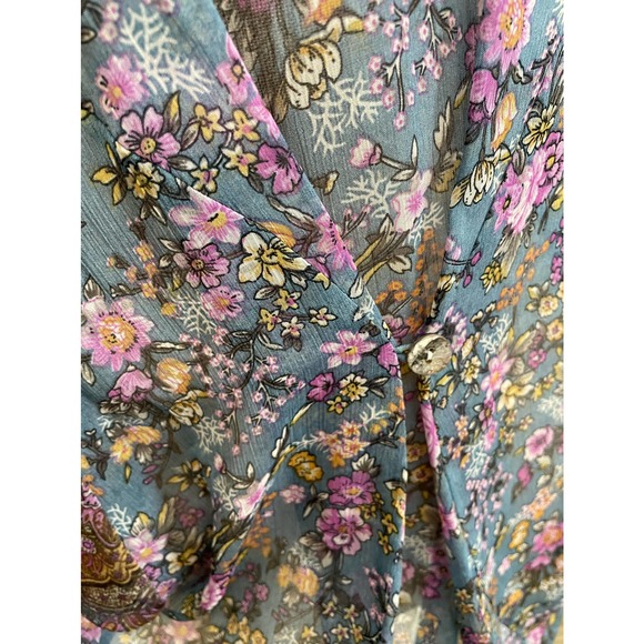 Copper Key Sheer Blouse Blue Purple Floral Flowy Shirt Sz M Kimono Sleeve - Picture 10 of 12